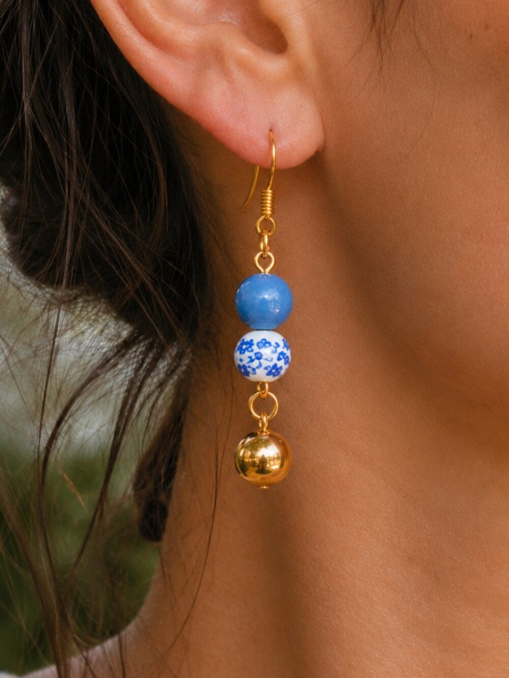 Blue & Gold Chinoiserie Earrings, Vintage Inspired Floral Earrings, Regency